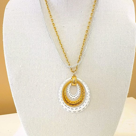 Vintage Three Tier Pendant Necklace 25" White Enamel & Gold Double Layer Chains - Picture 1 of 5